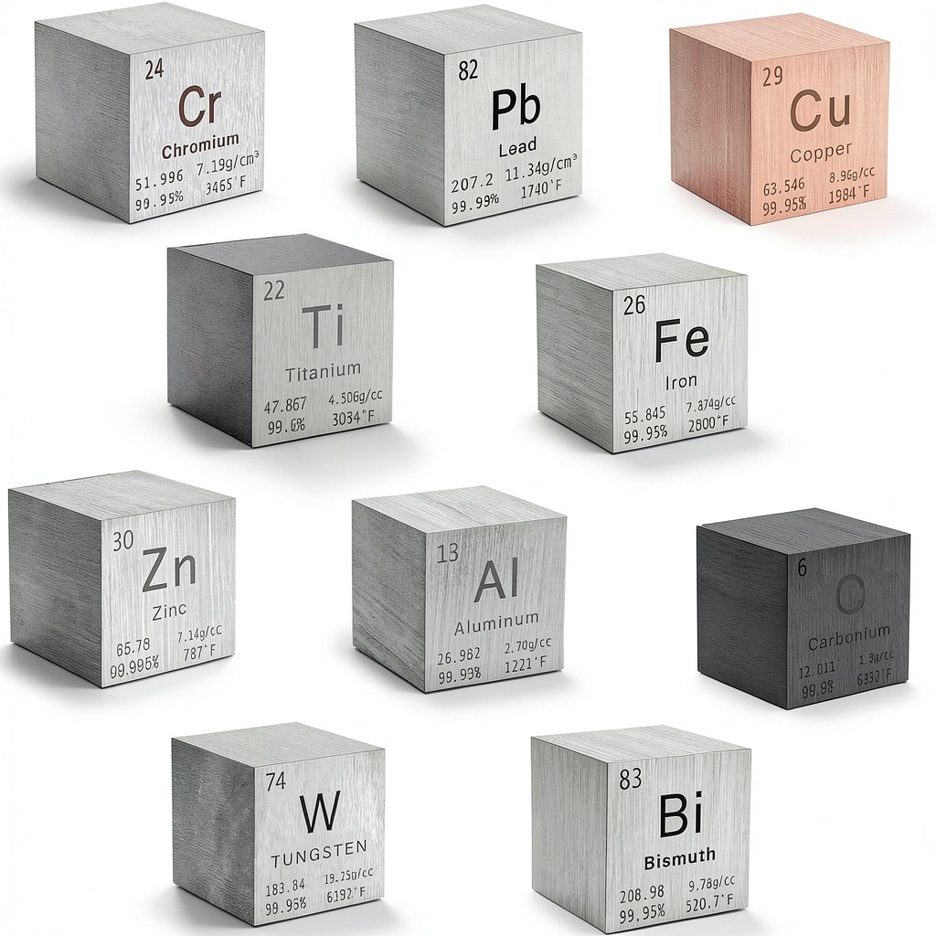 Youchuangjinshu element cube set displayed on a desk with atomic details visible