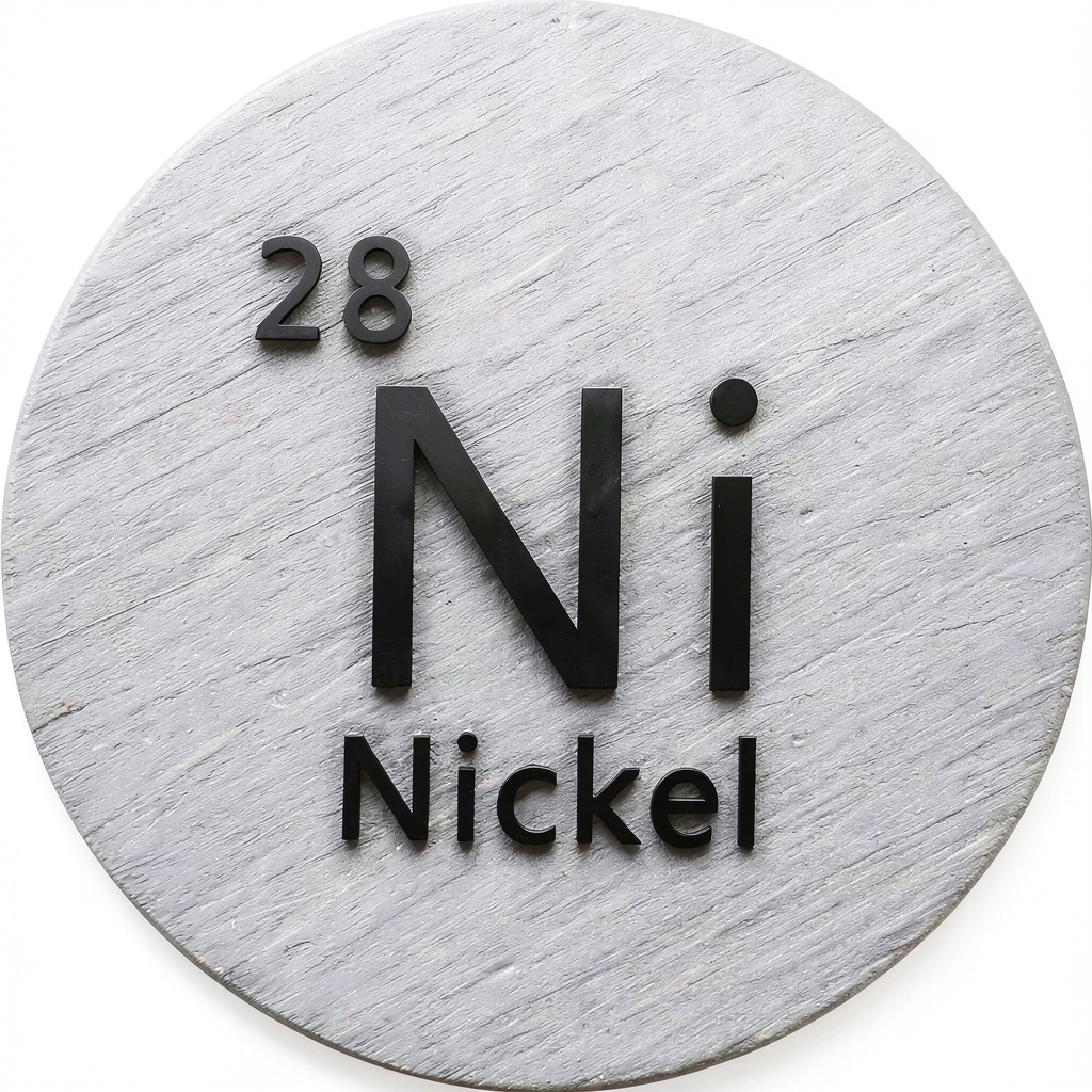 High purity metal disc with laser-etched labels on a workbench