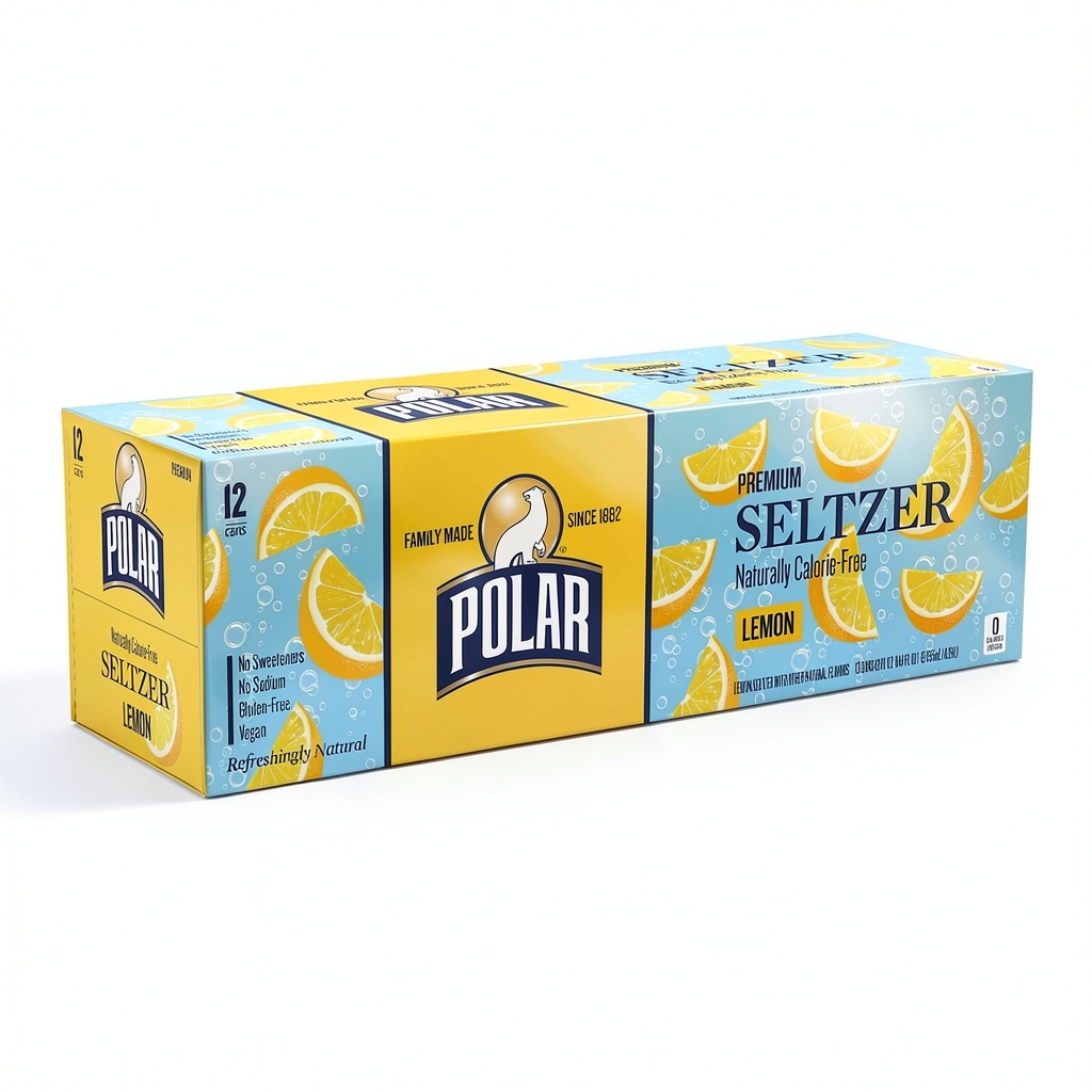 'Polar Seltzer sparkling water bottles displayed on a kitchen counter'