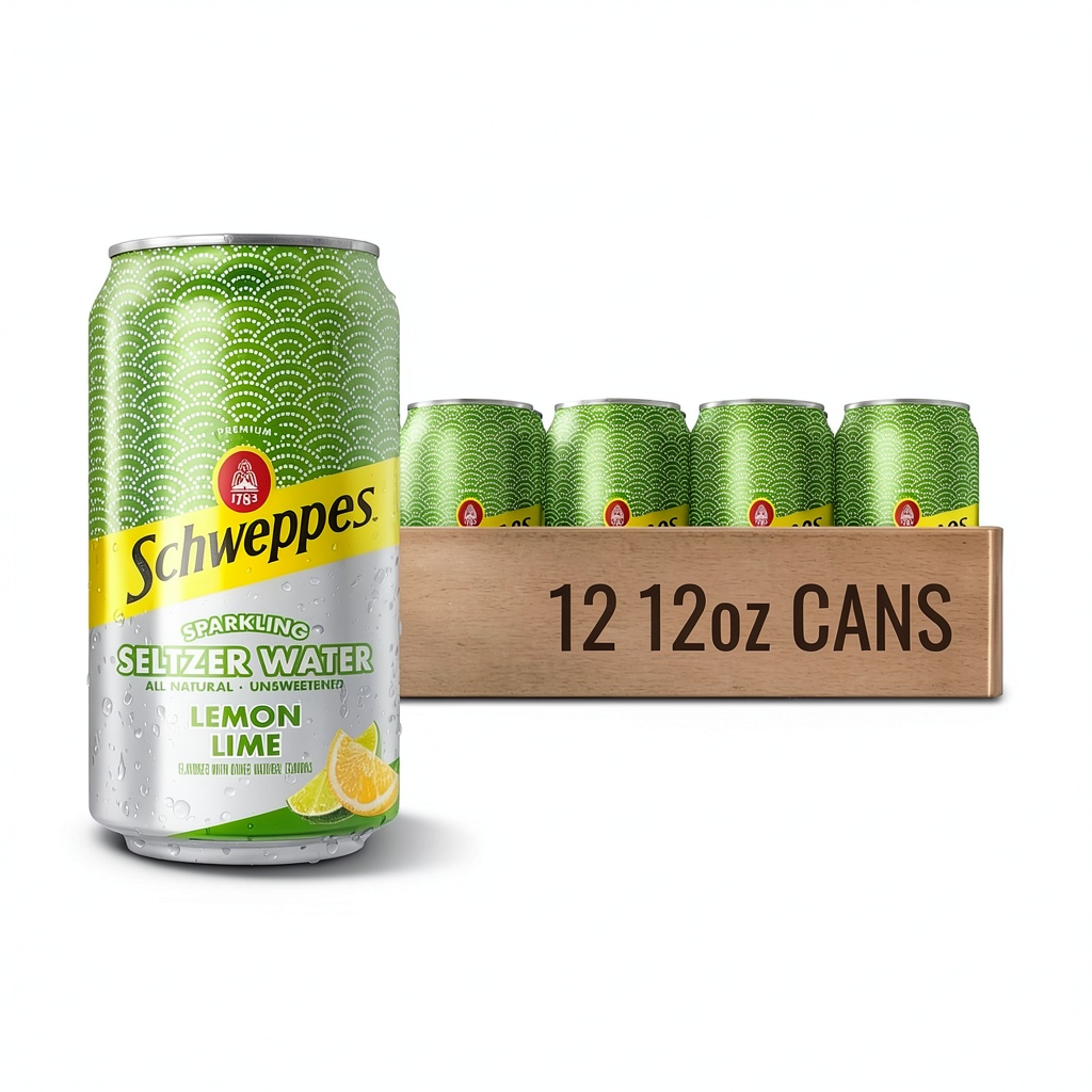 Schweppes Seltzer Water cans displayed on a kitchen counter